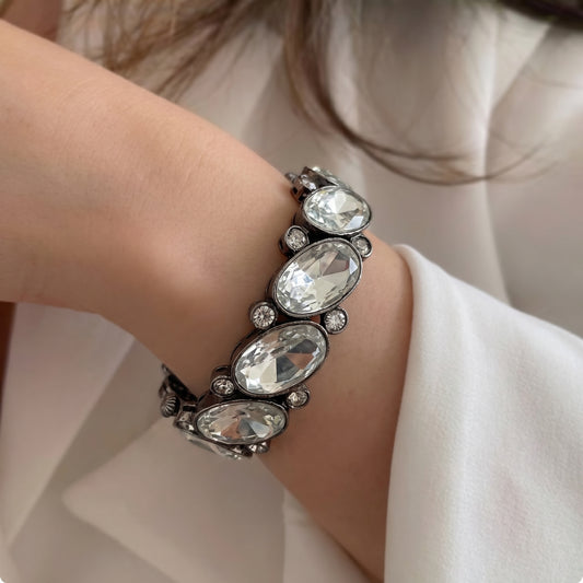 Crystal Polki Freeform Oxidised Silver Bangles