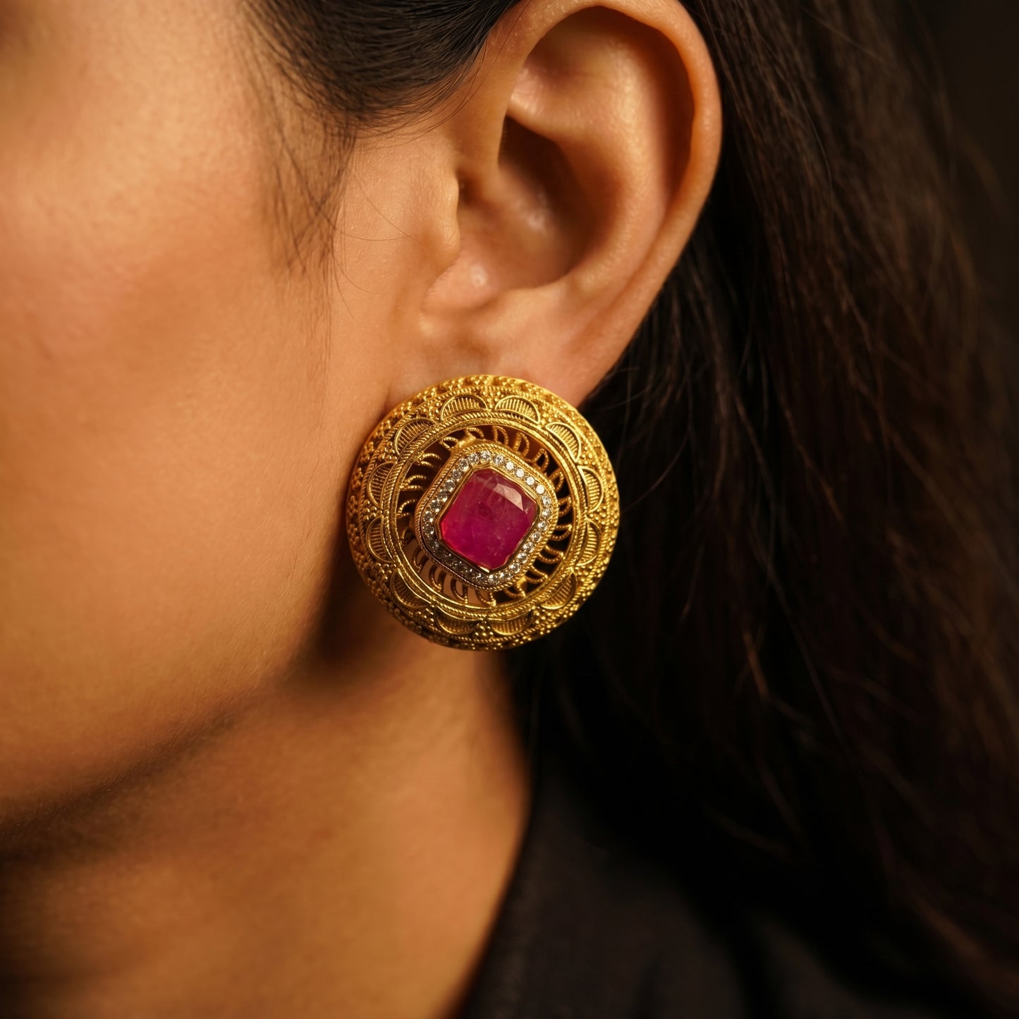 Ruby Diamond Filigree Gold Studs
