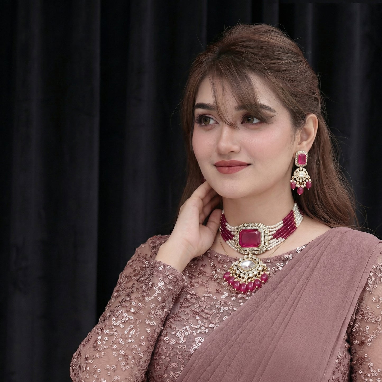 Fuchsia Ruby Pearl Polki Regal Choker Set