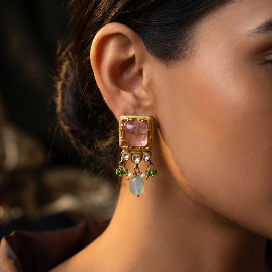 Rose Quartz Aquamarine Polki Gold Earrings