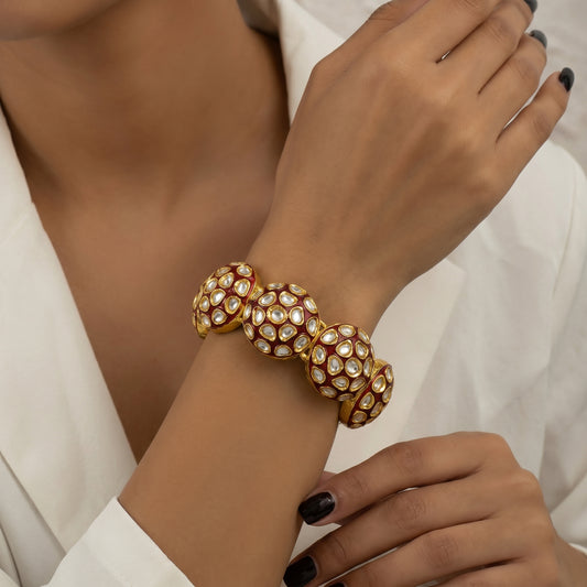 Red Meenakari Polki Dome Gold Bracelet