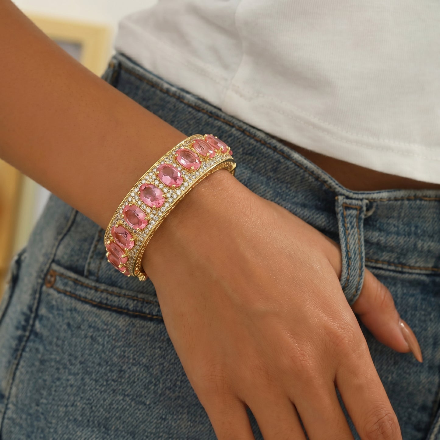 Pink Sapphire Oval Diamond Pavé Gold Bracelet
