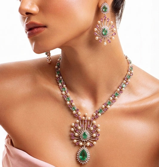 Emerald Radiance Pearl Burst Necklace & Earrings Set