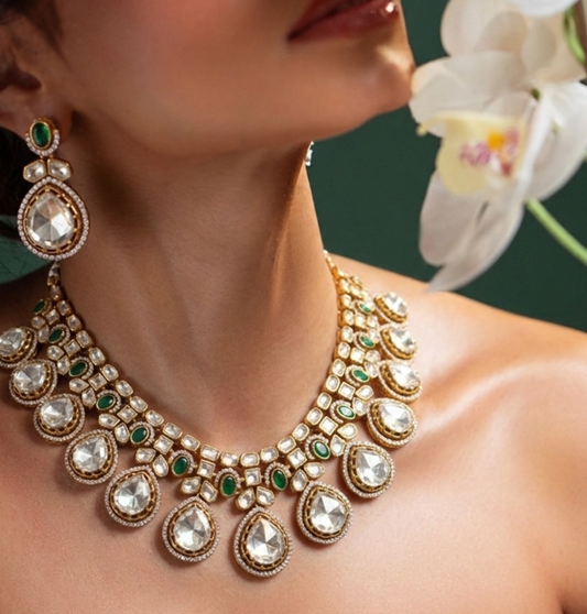 22C Original Gold Platting Regal Emerald Polki Cascade Necklace Set