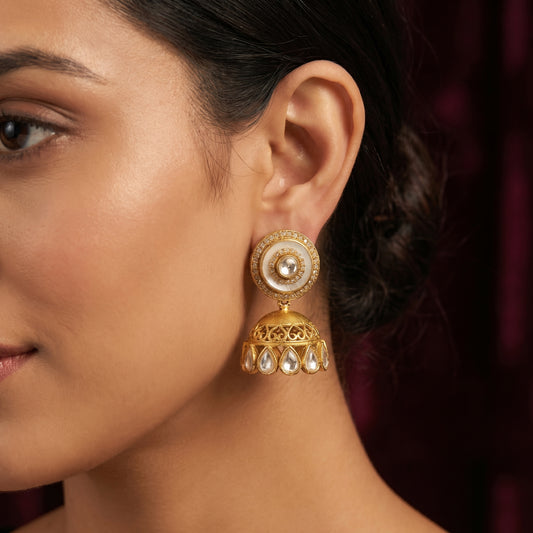Pearl Polki Filigree Gold Jhumka Earrings
