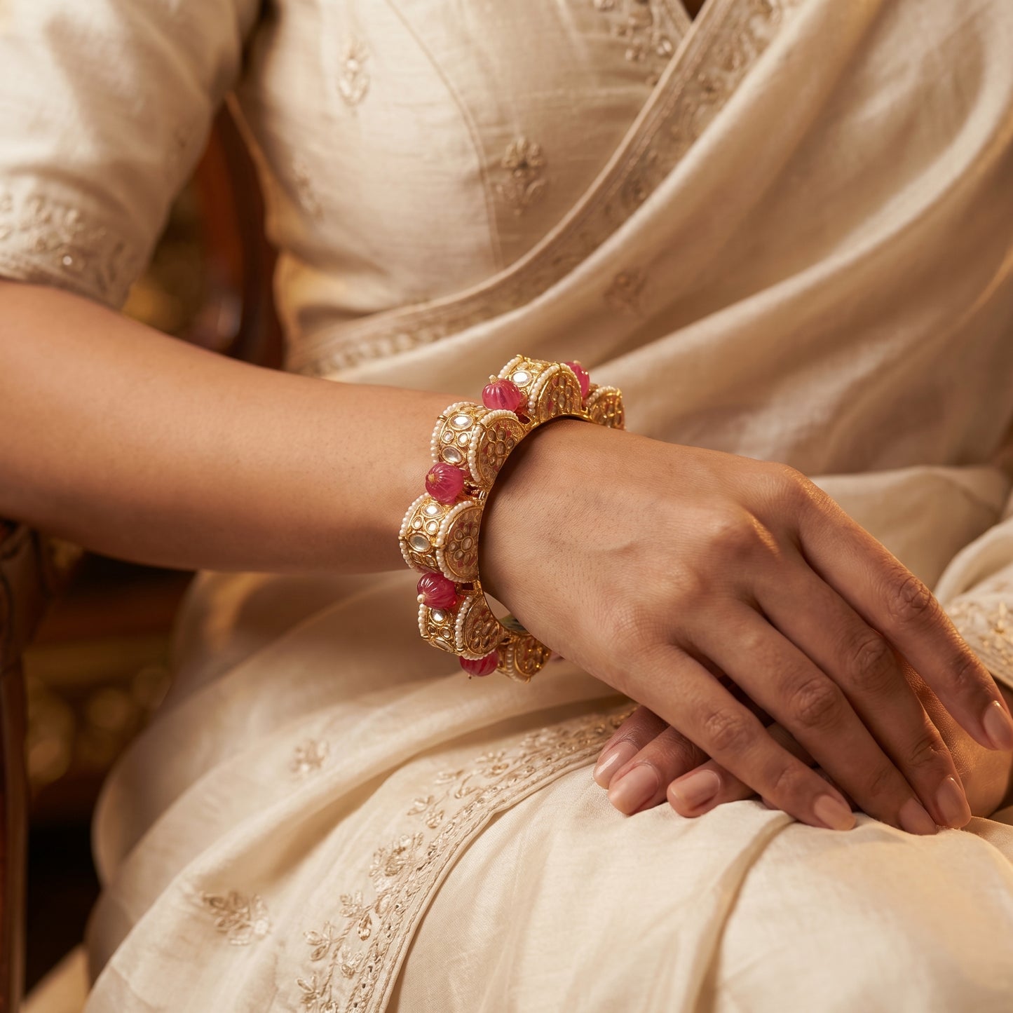 Ruby Polki Pearl Meenakari Gold Bracelet