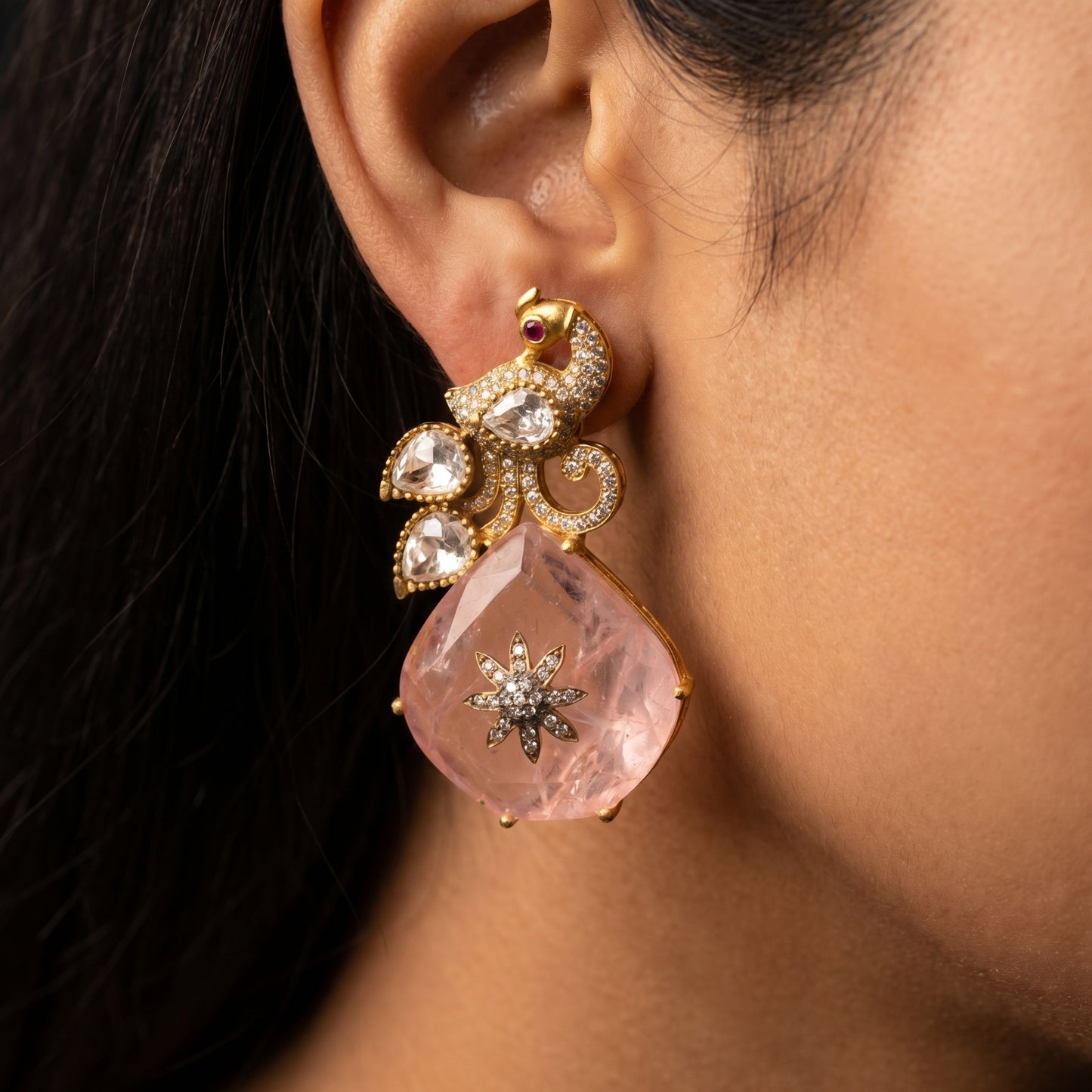 Rose Quartz Peacock Polki Drop Earrings