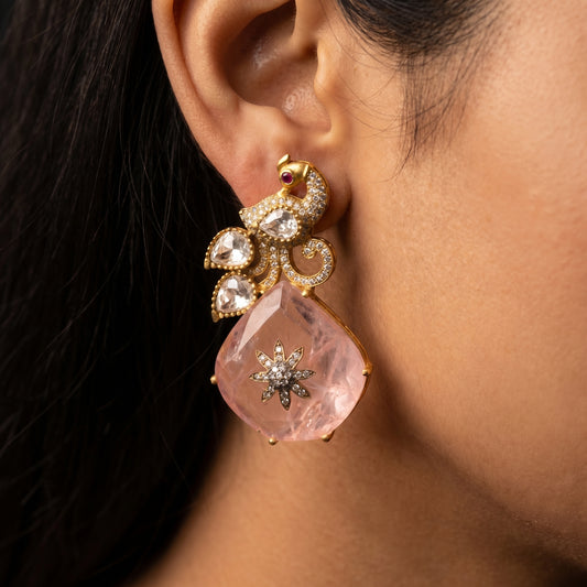 Rose Quartz Peacock Polki Drop Earrings