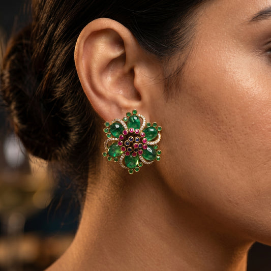 Emerald Bloom Polki Floral Stud Earrings