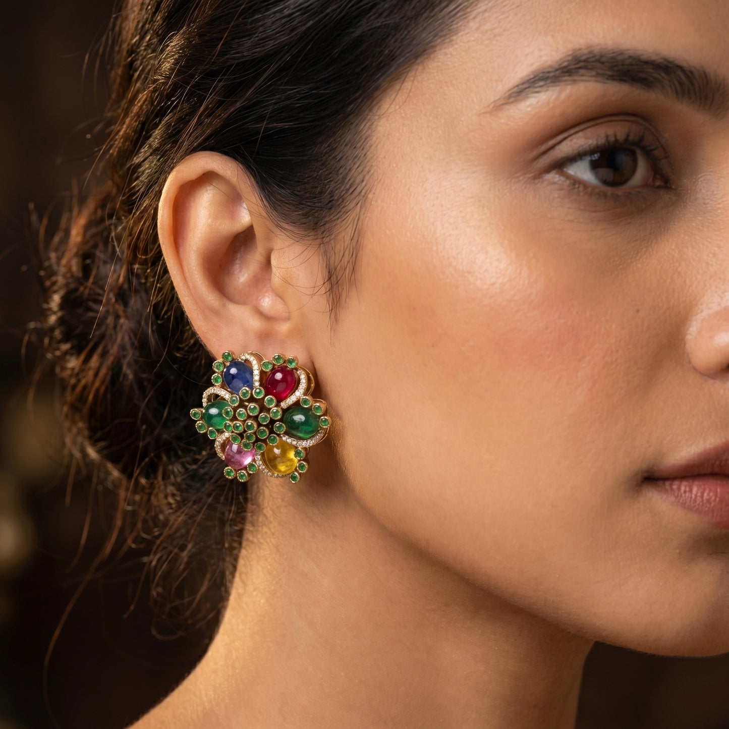 Multicolour Navratna Cabochon Floral Cluster Studs