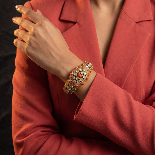 Coral Polki Diamond Oval Gold Bracelet