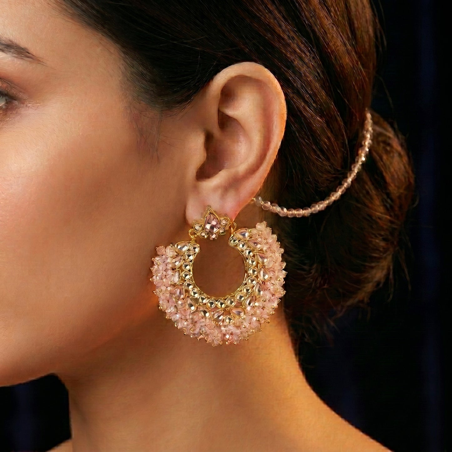 Pink Crystal Polki Chandbali Gold Earrings