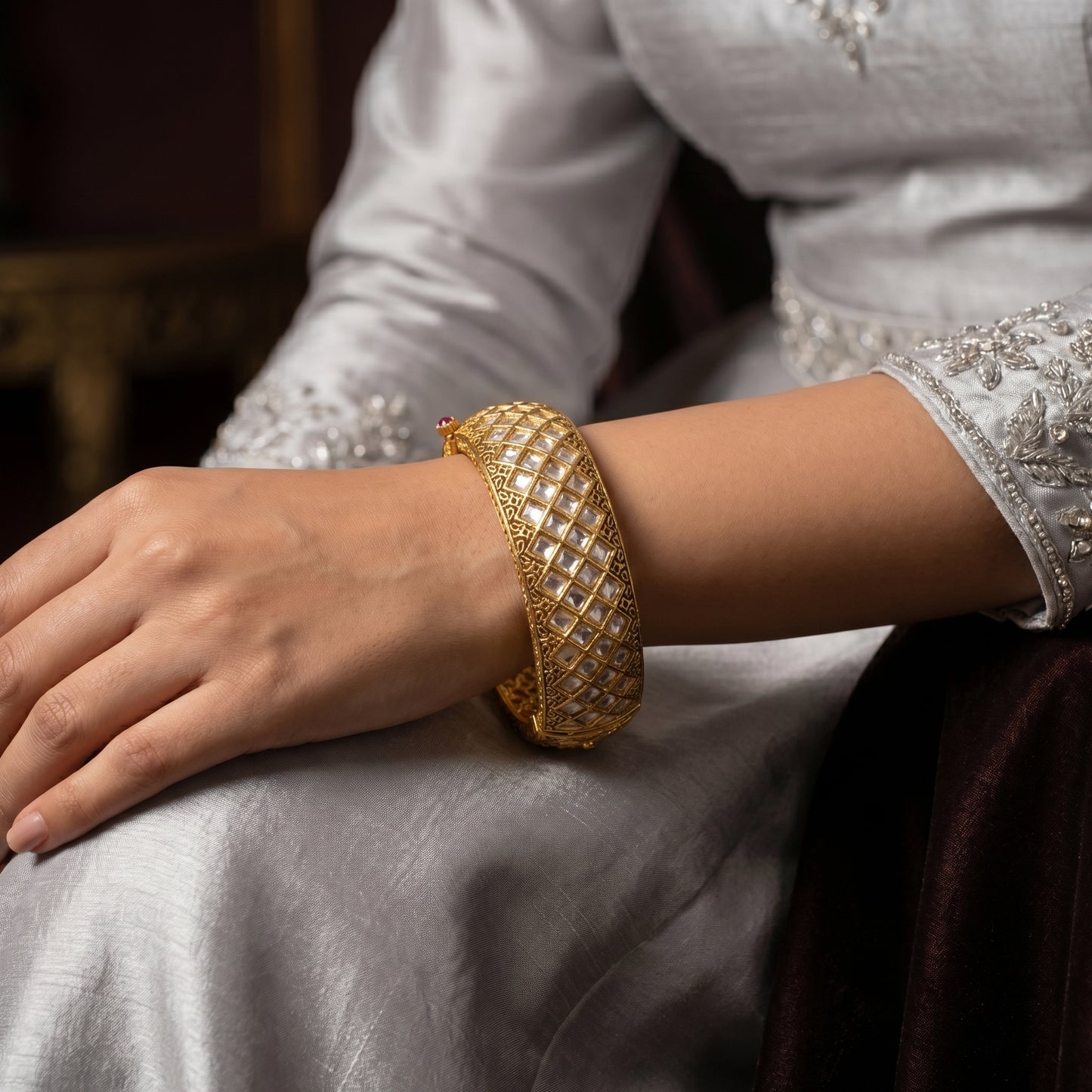 Square Polki Diamond Wide Gold Bracelet