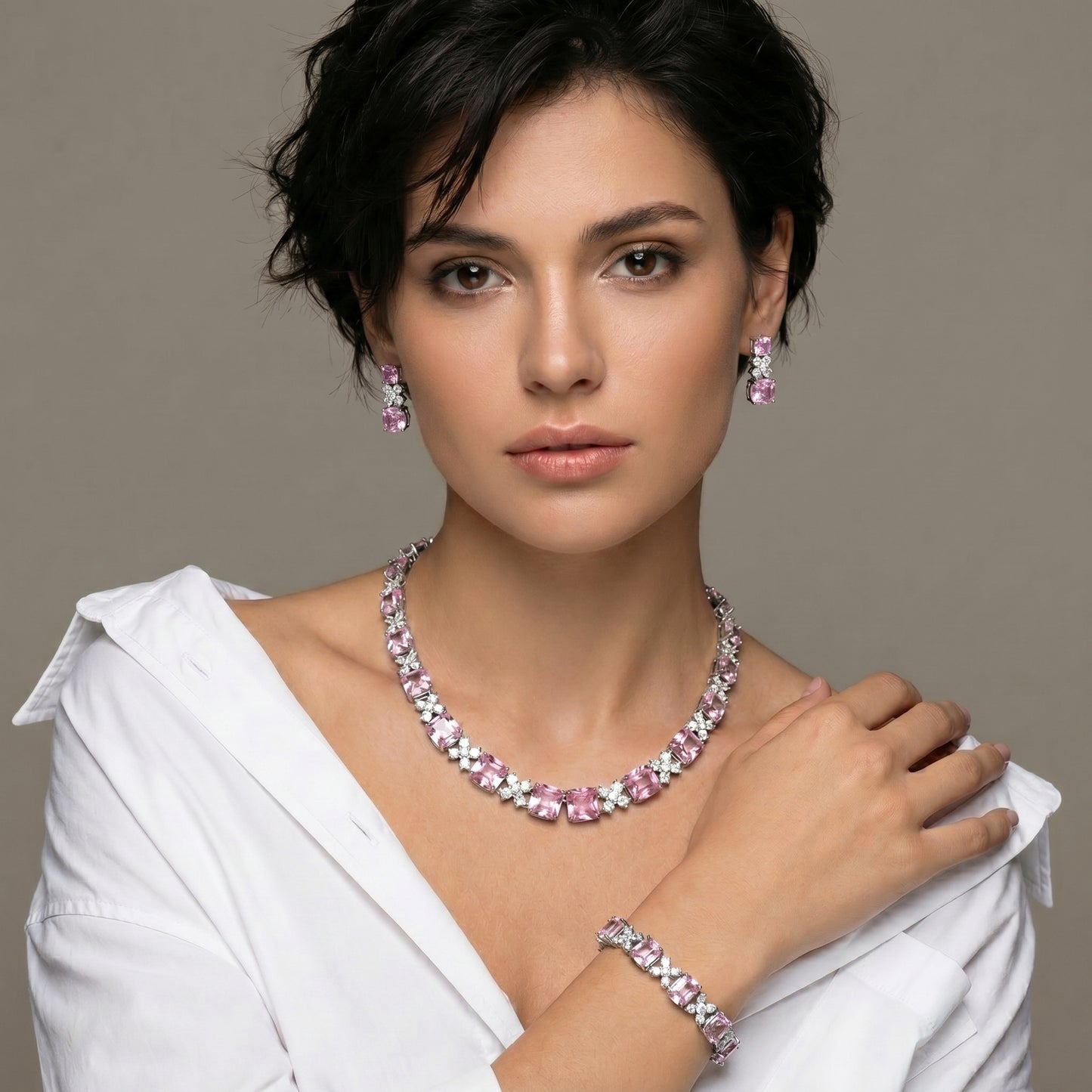 Pink Cushion Diamond Floral Parure Set