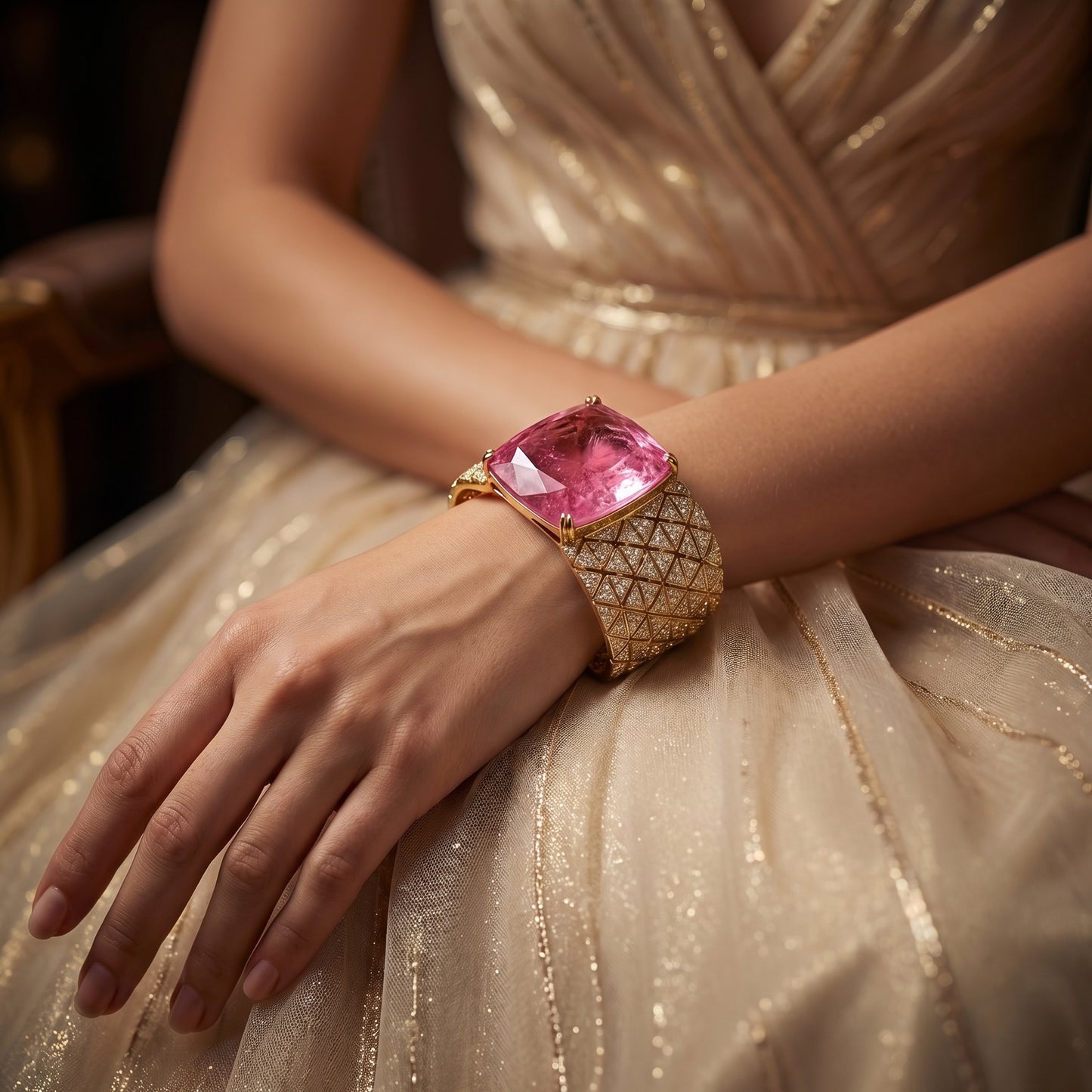 Pink Tourmaline Diamond Geometric Gold Cuff