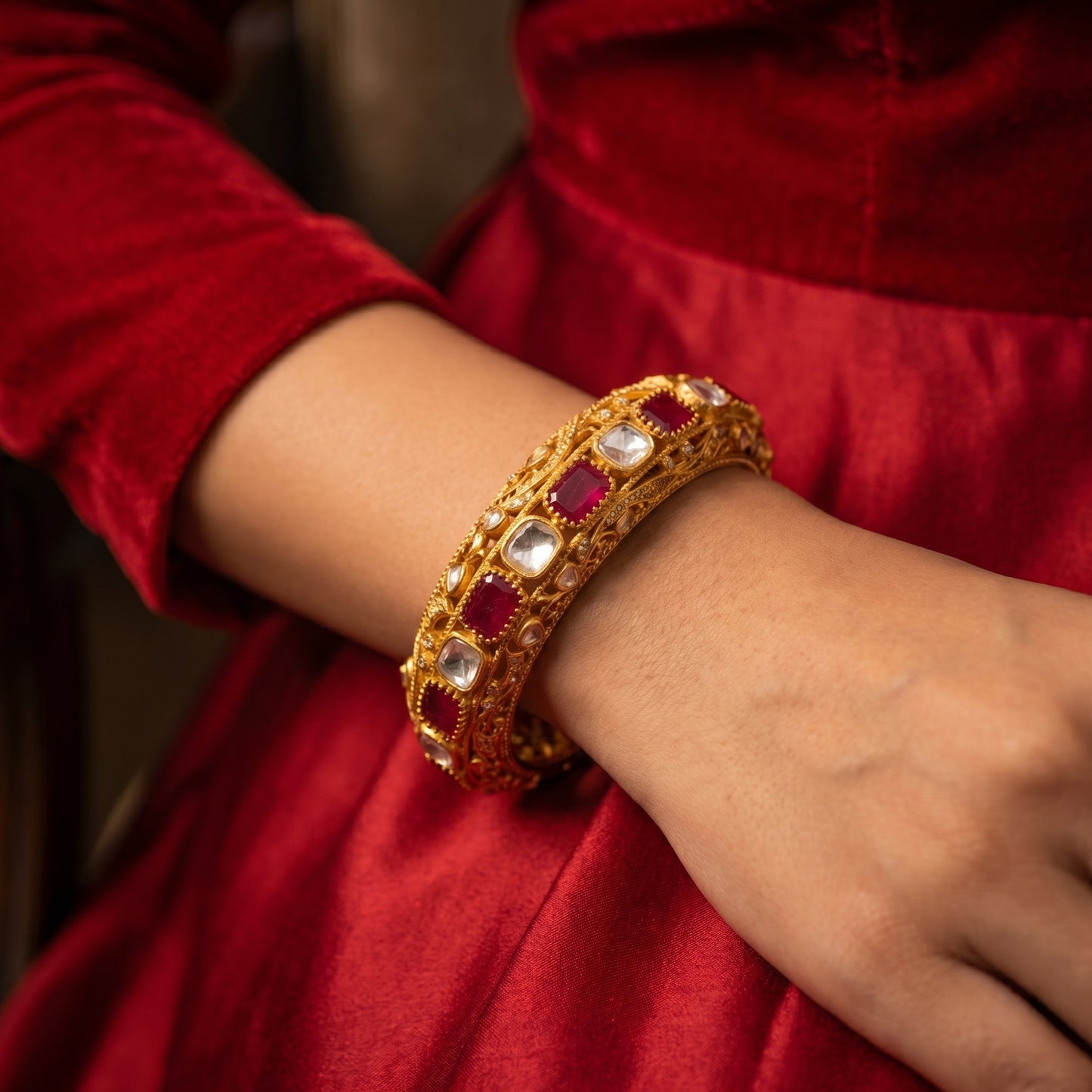 22 carat Gold plating Ruby Polki Diamond Floral Gold Bracelet