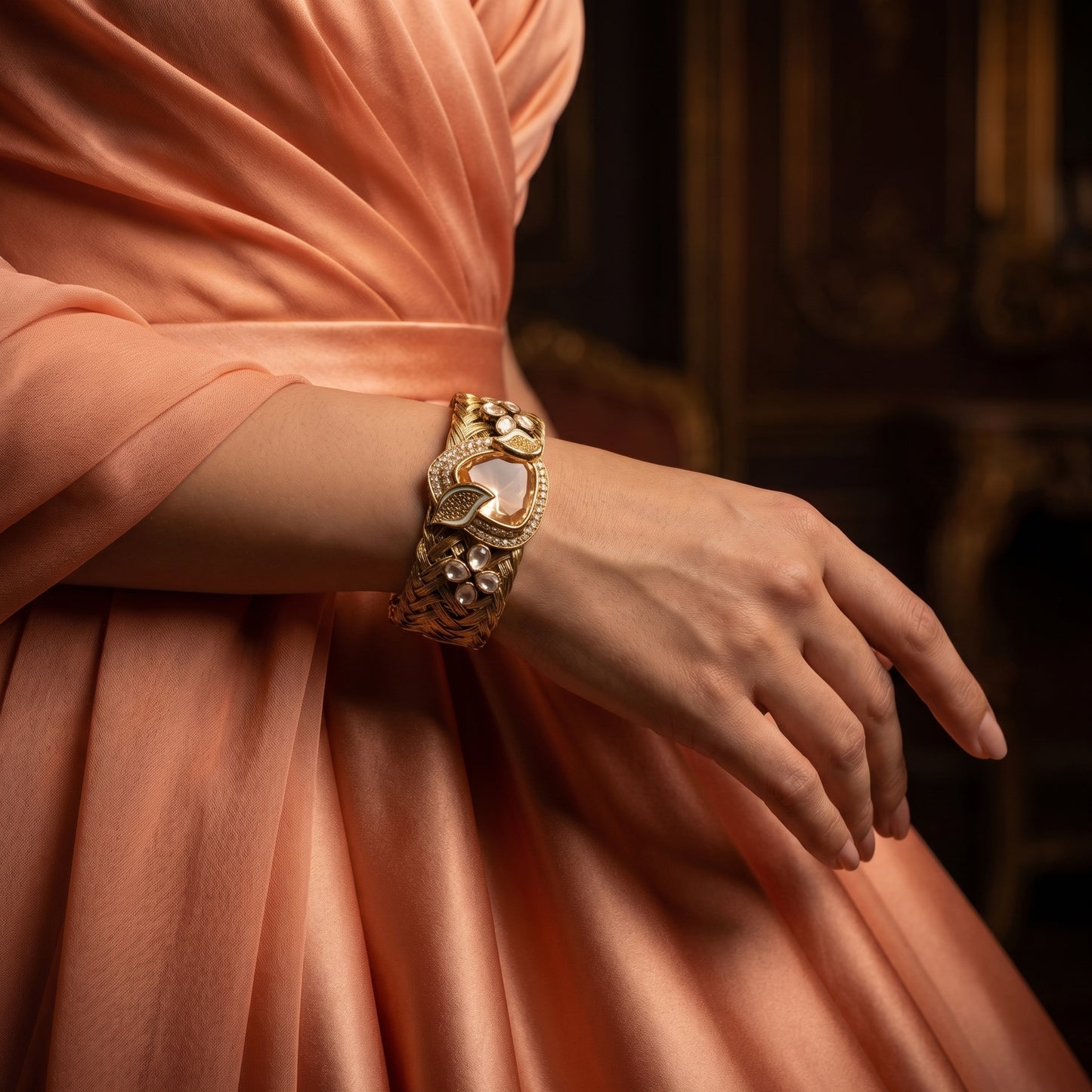 Morganite Polki Enamel Woven Gold Cuff