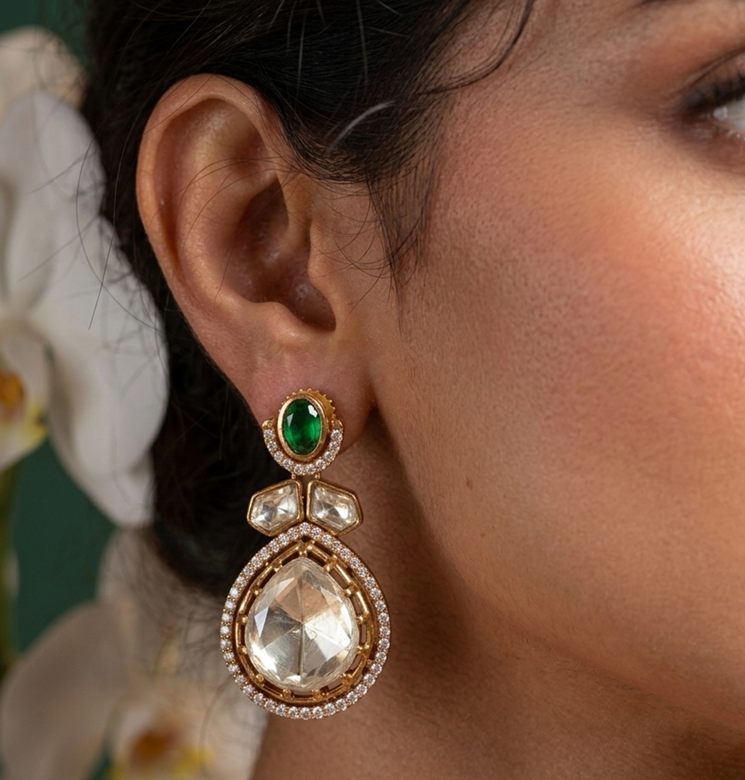 22C Original Gold Platting Regal Emerald Polki Cascade Necklace Set