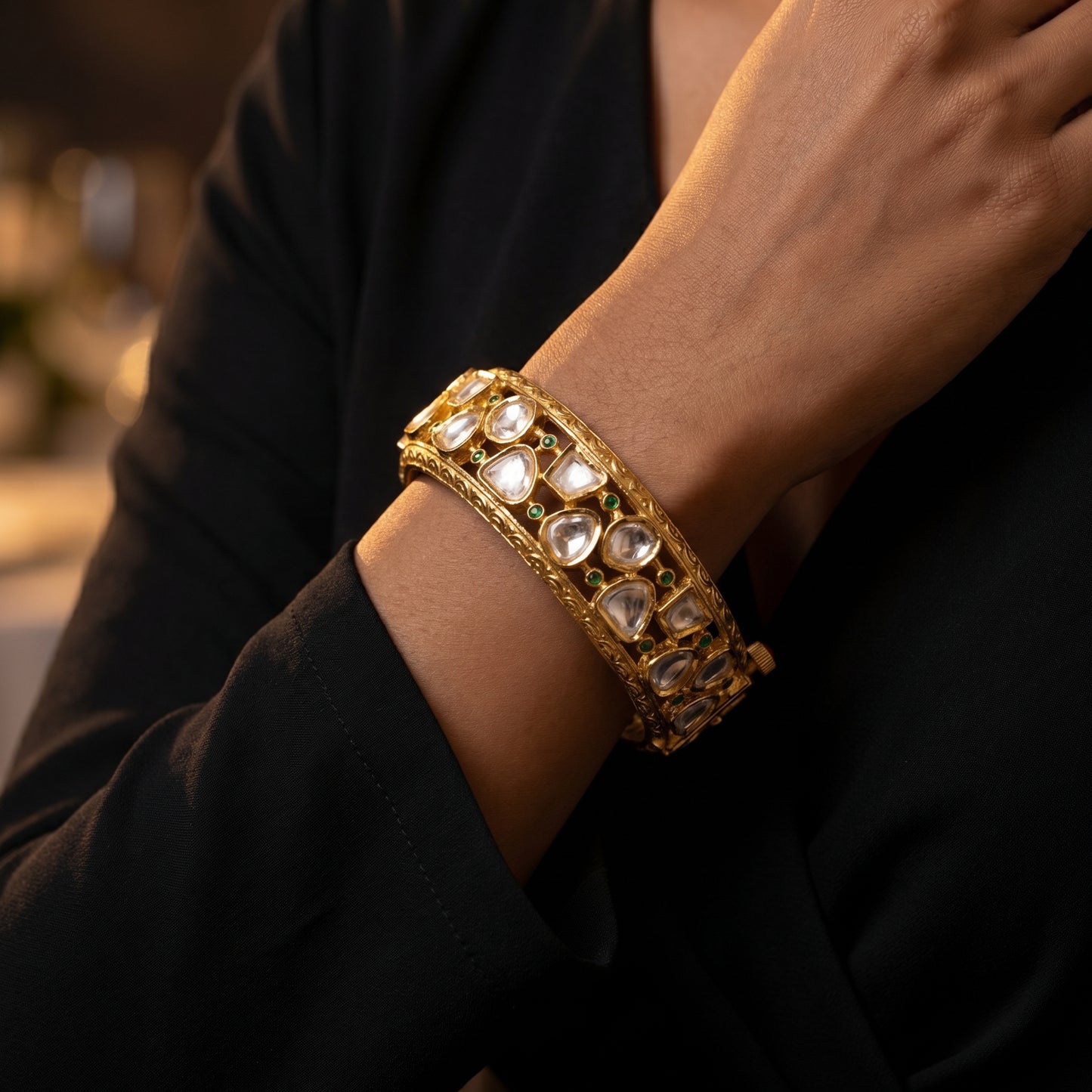 Polki Diamond Emerald Engraved Gold Bangles