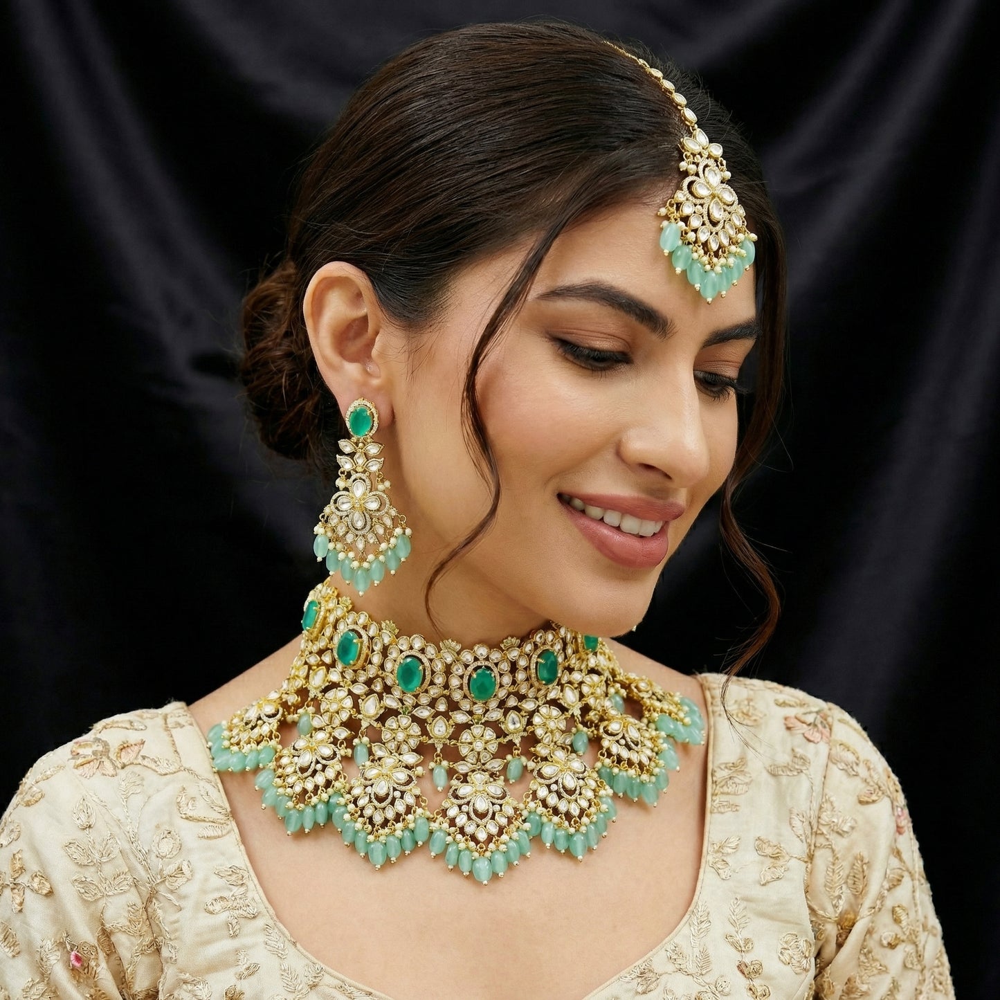 Mint Polki Aqua Bead Bridal Set