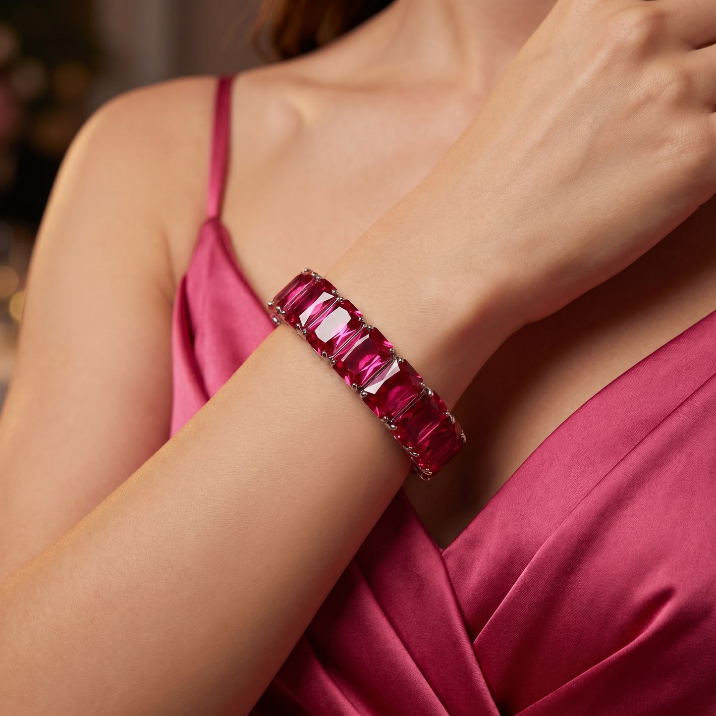 Full Eternity Ruby Emerald Cut Silver Bracelet