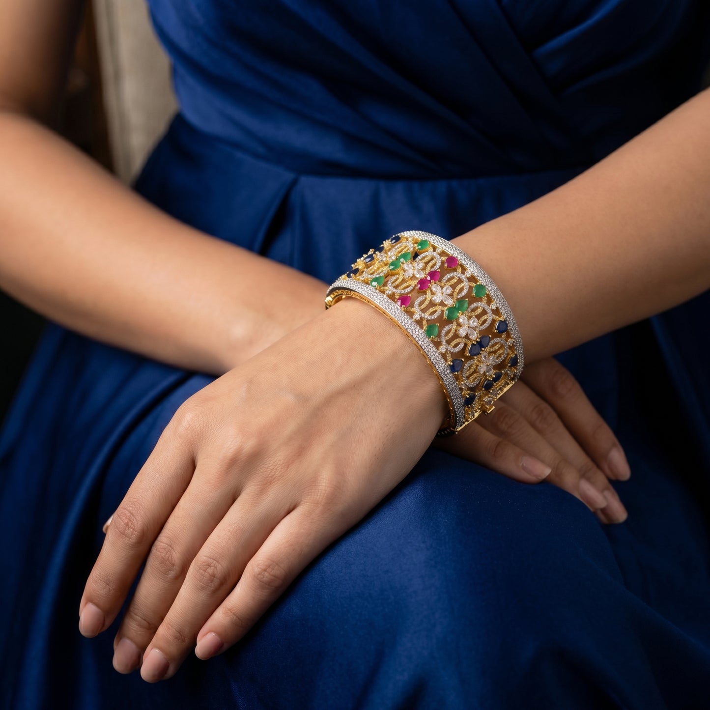 Sapphire Emerald Ruby Diamond Wide Gold Cuff