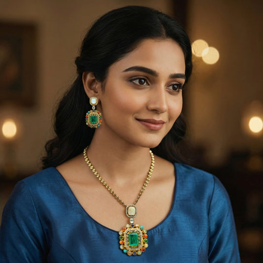 Emerald Nine-Gem Gold Ball Chain Jewellery Set