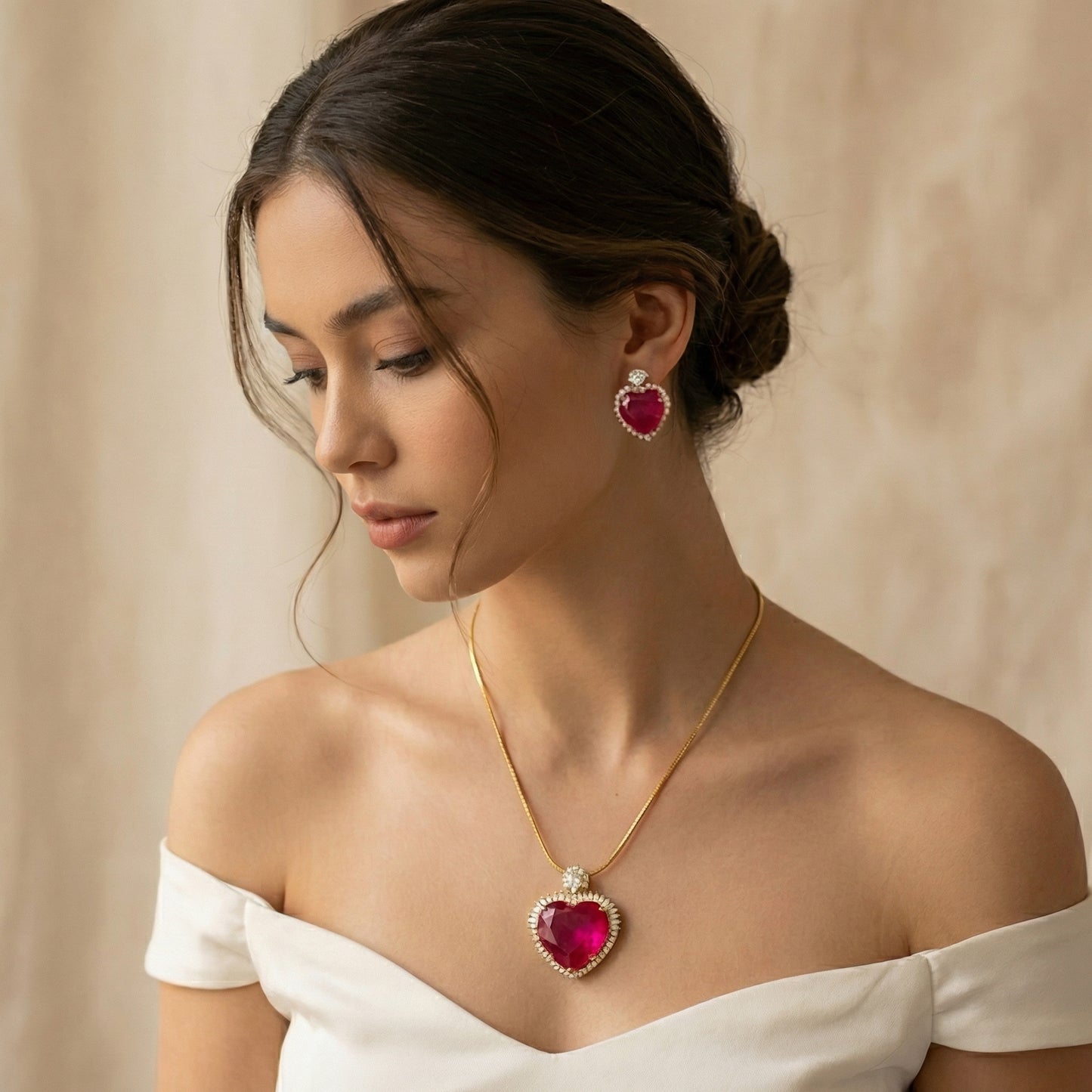 Ruby Heart Baguette Diamond Gold Chain Set
