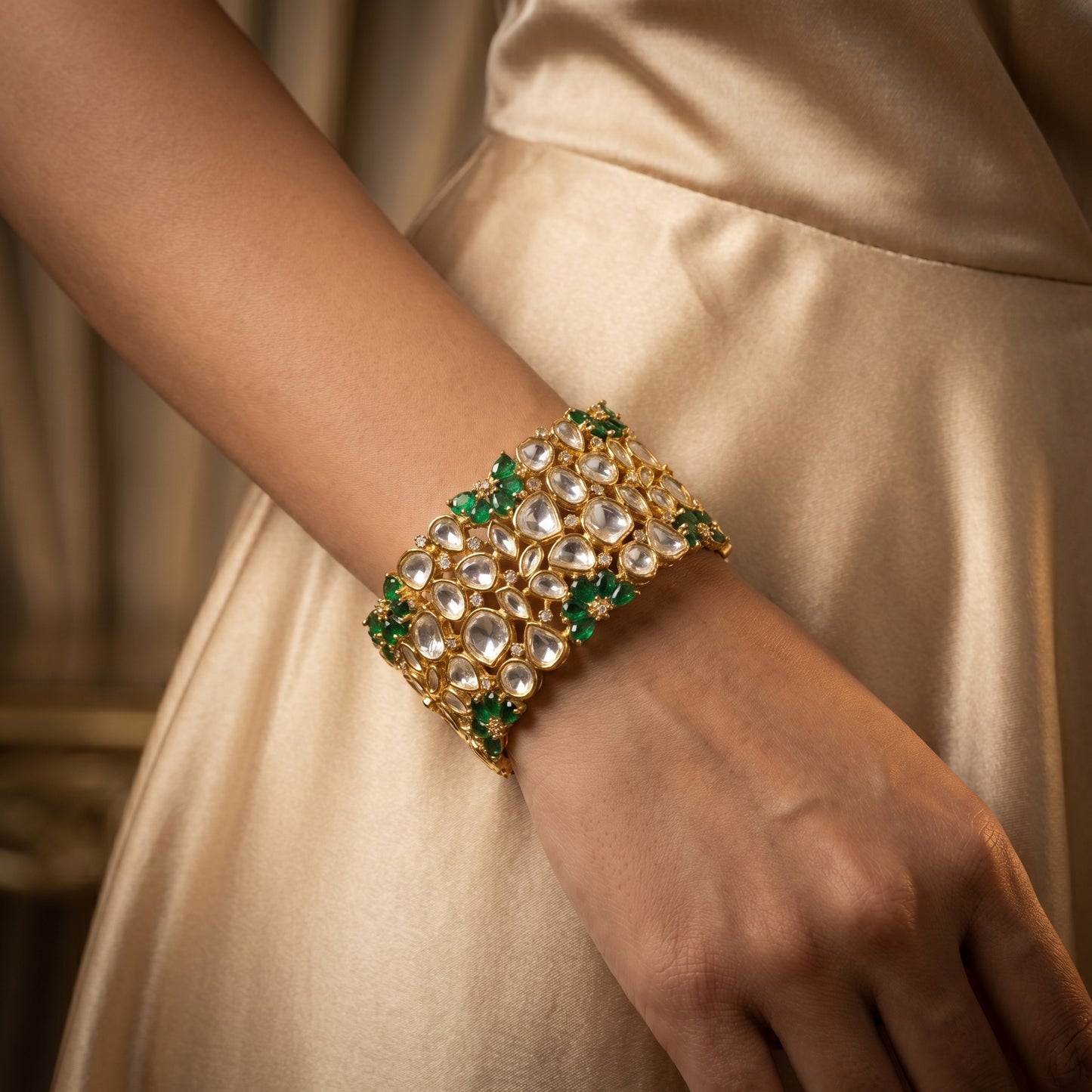 Emerald Polki Wide Gold Cuff Bracelet