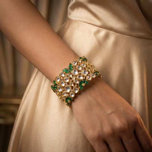 Emerald Polki Wide Gold Cuff Bracelet