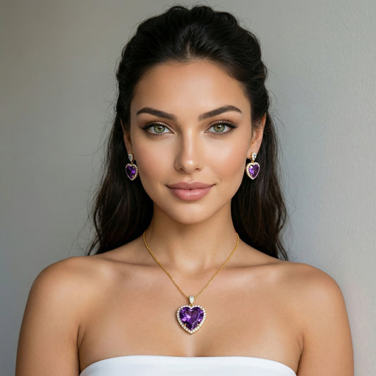 Amethyst Heart Baguette Diamond Gold Chain Set