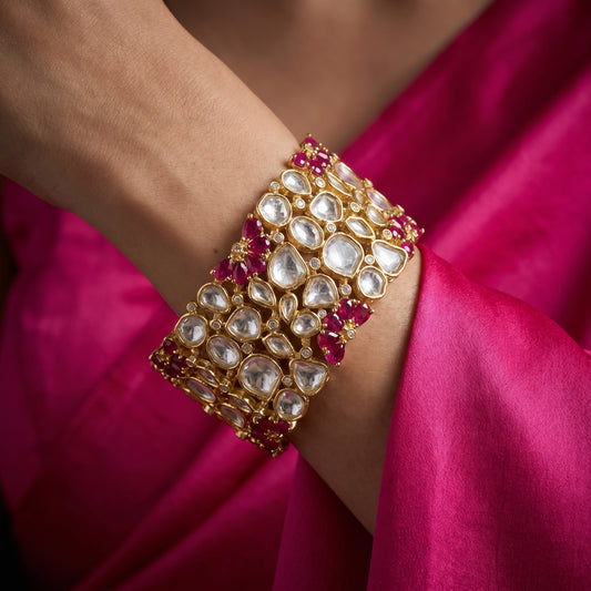 Ruby Polki Wide Gold Cuff Bracelet