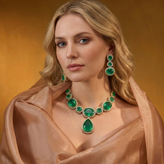 Emerald Cushion Diamond Halo Jewellery Set