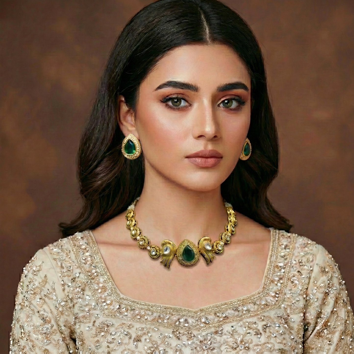 Emerald Peacock Antique Gold String Choker Set