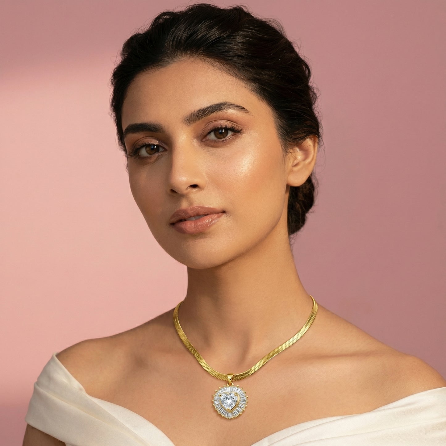 Diamond Heart Herringbone Chain Necklace