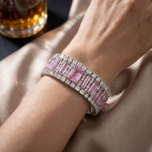 Pink Sapphire Diamond Wide Silver Bracelet