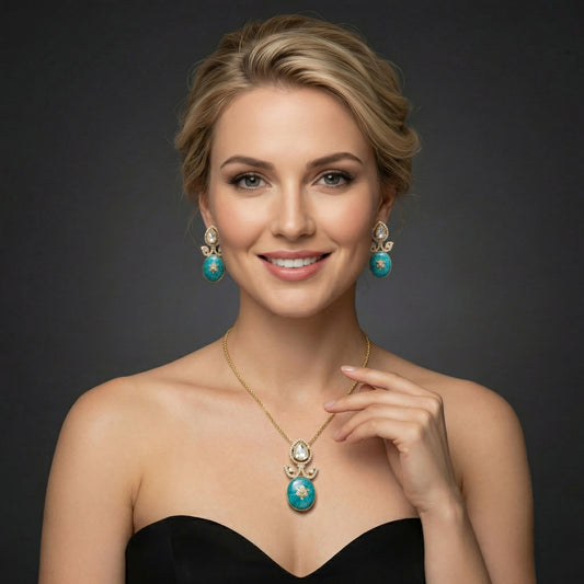 Turquoise Enamel Polki Gold Pendant Set