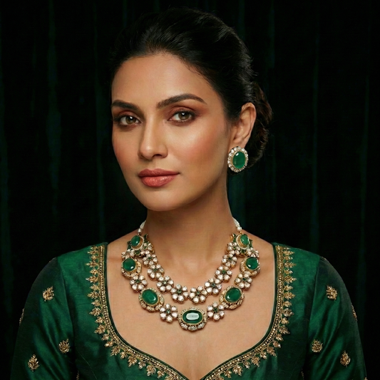 Emerald Polki Double Strand Bridal Set