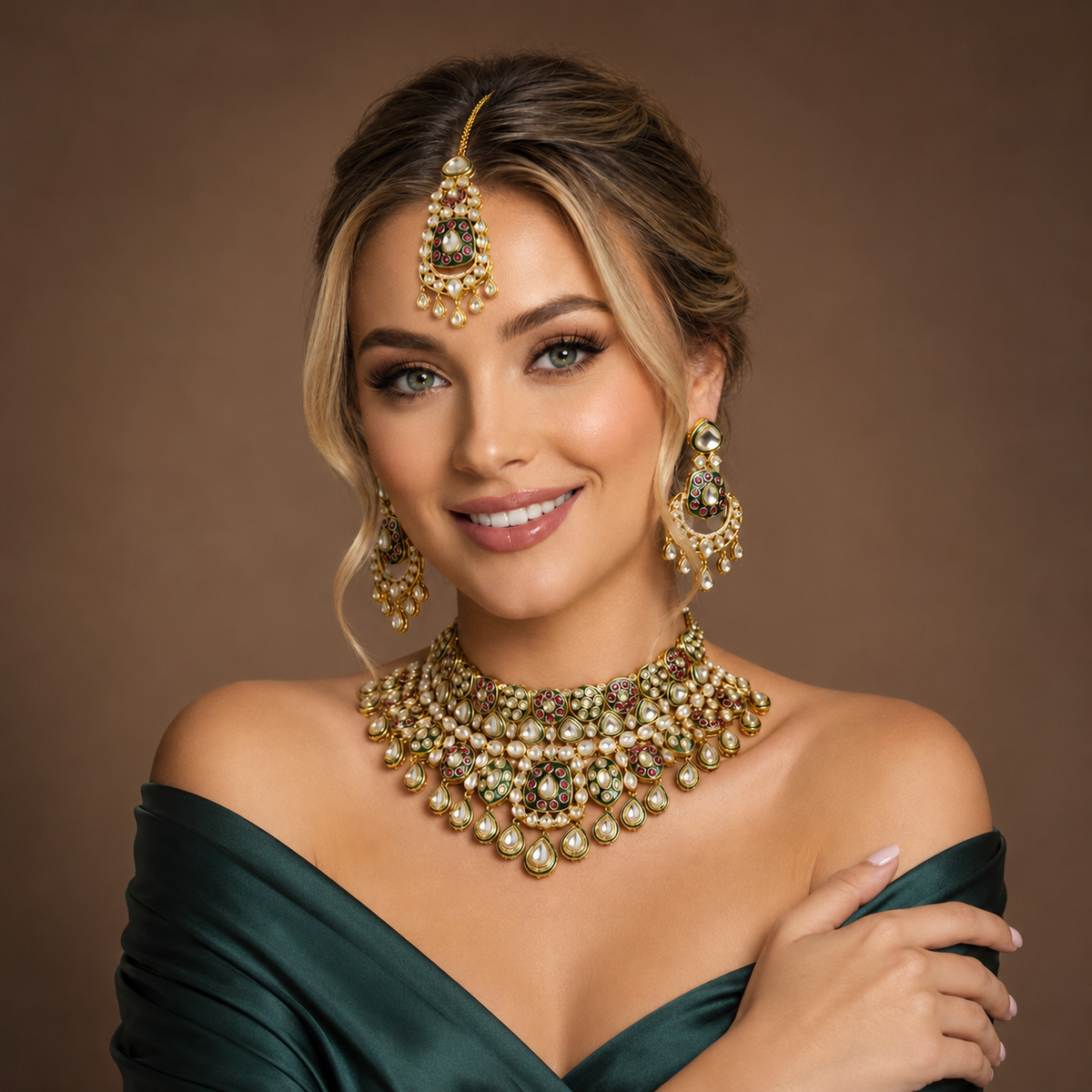 Ruby Emerald Enamel Polki Bridal Gold Necklace Set