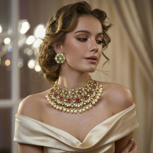 22C Original Gold Platting Pearl & Ruby Jewelry Set