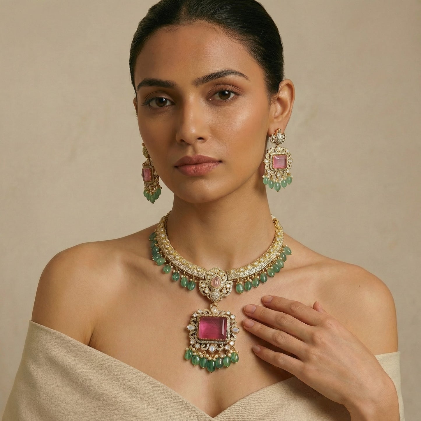 Pink Tourmaline Emerald Bead Regal Set