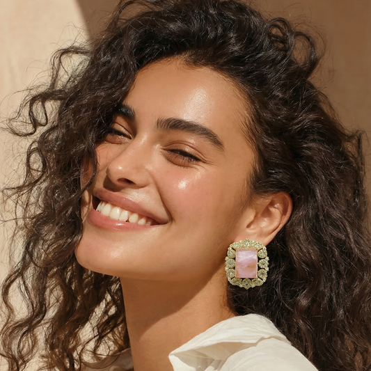 Blush Stone Halo Crystal Statement Earrings