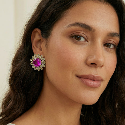 Ruby Diamond Sunburst Gold Stud Earrings