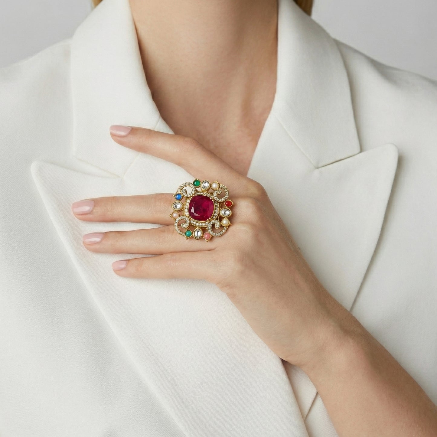 Ruby Navaratna Nine Gem Gold Ring