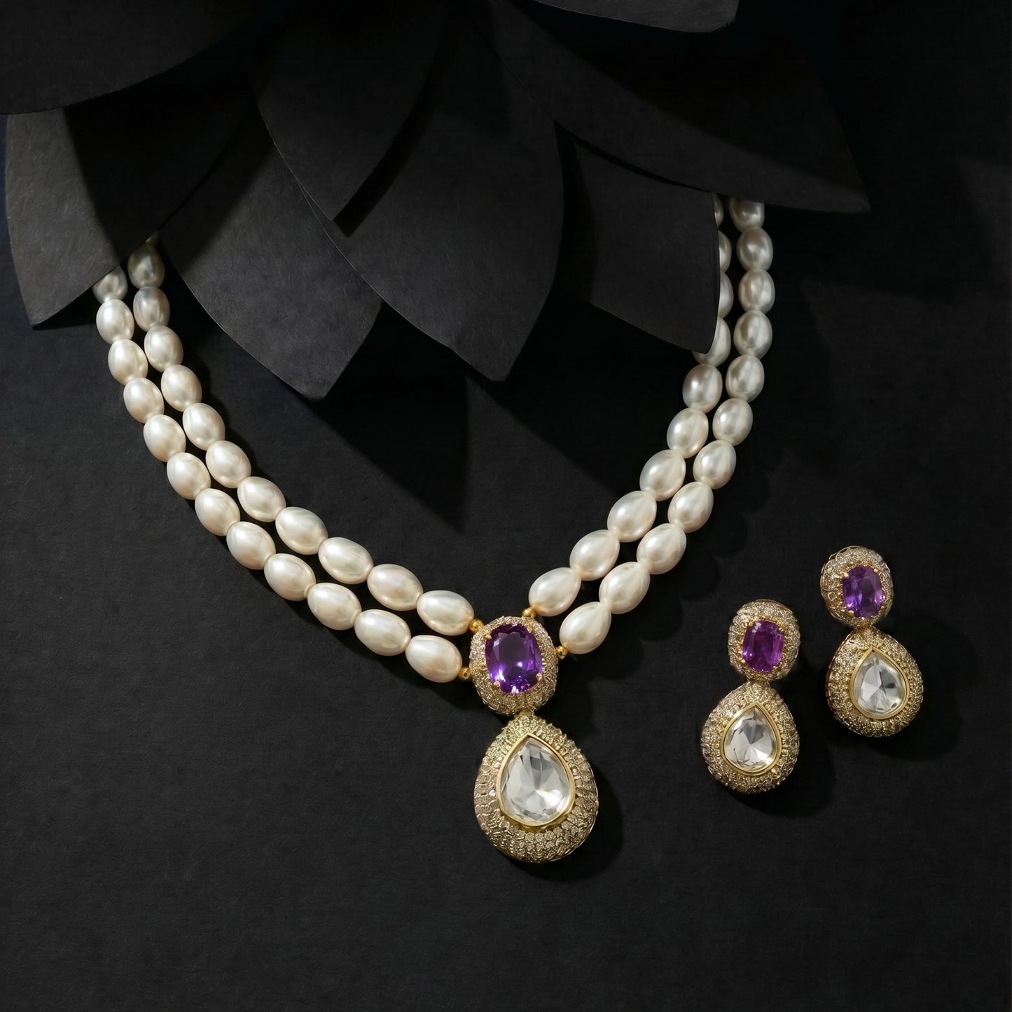 Royal Purple Pearl & Amethyst Polki Necklace & Earrings Set