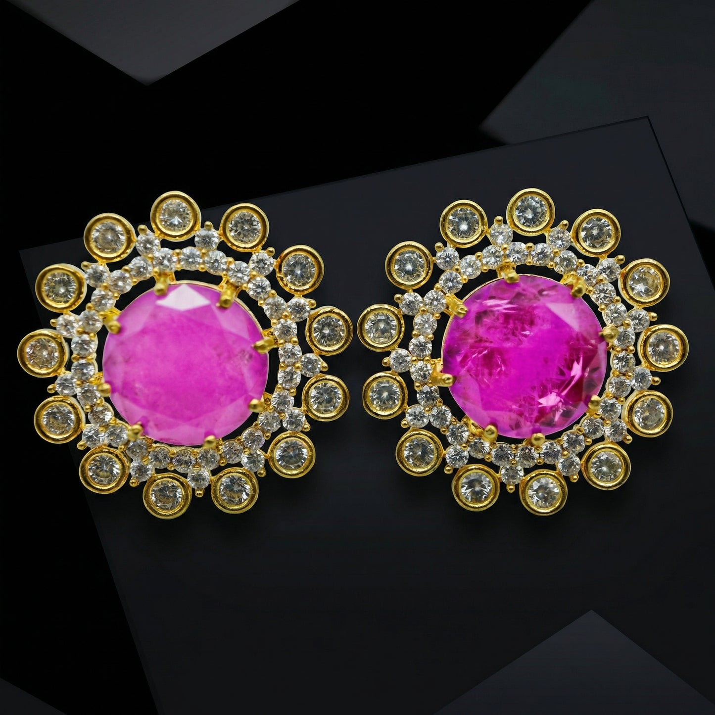 Ruby Diamond Sunburst Gold Stud Earrings