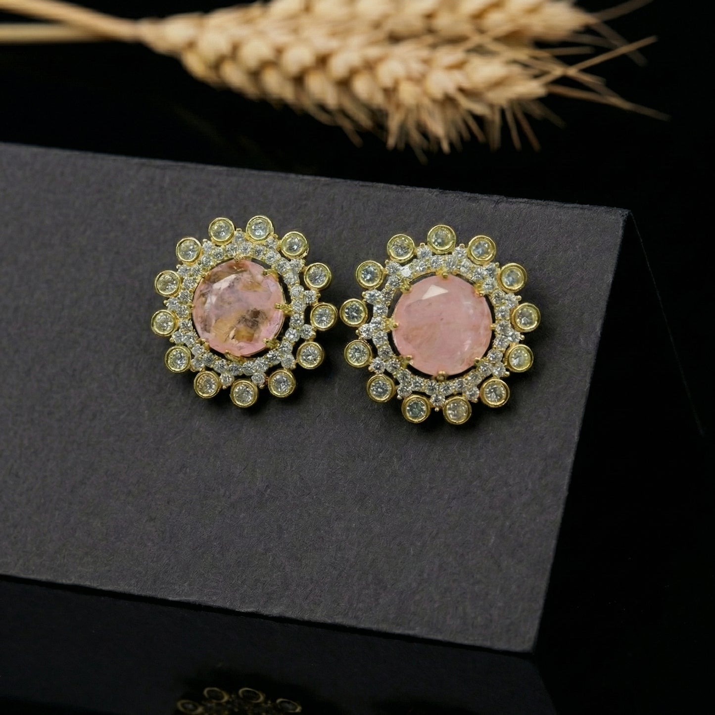 Rose Quartz Diamond Sunburst Gold Studs