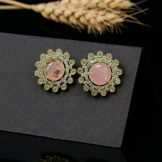 Rose Quartz Diamond Sunburst Gold Studs