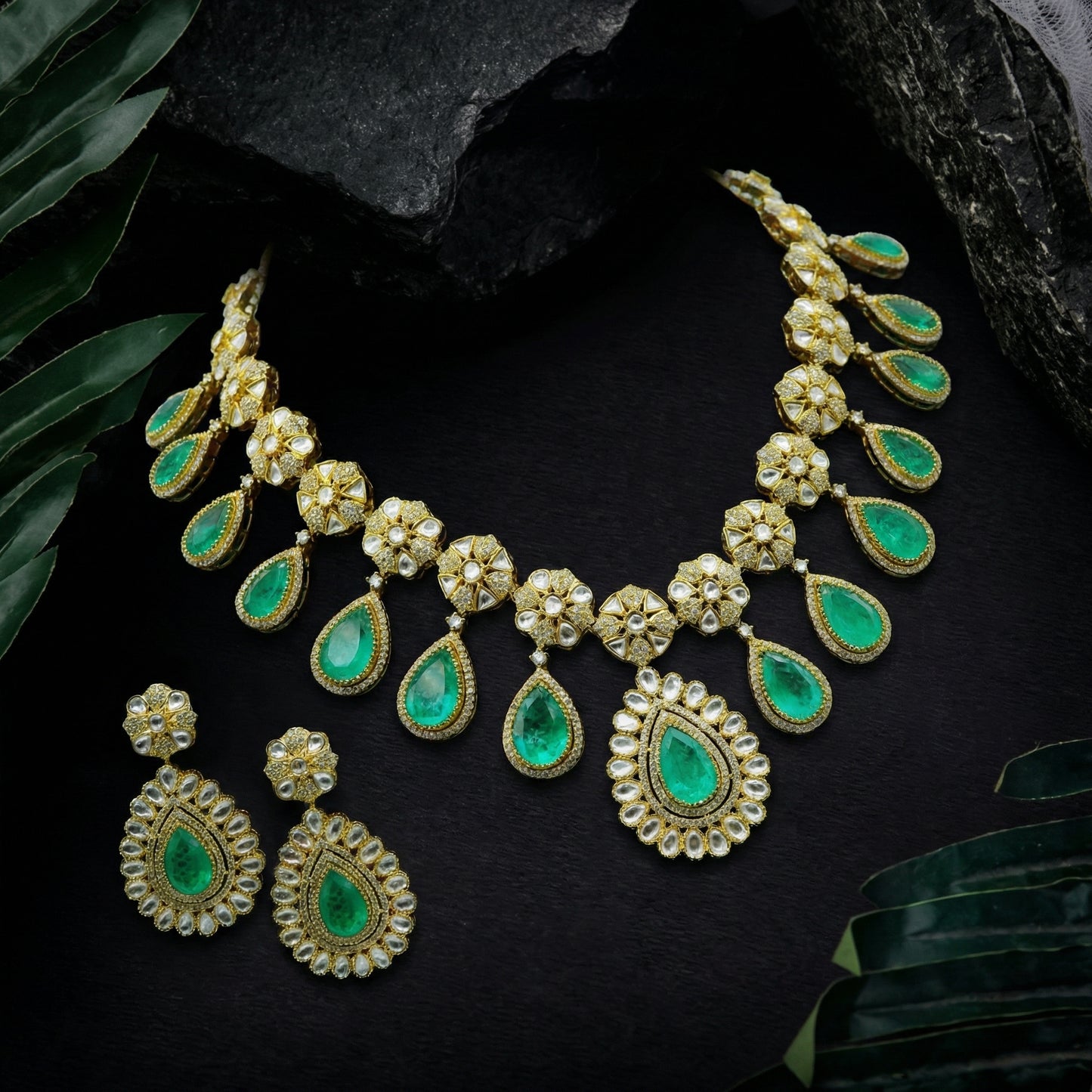 Emerald Garden Polki Fringe Necklace & Earrings Set