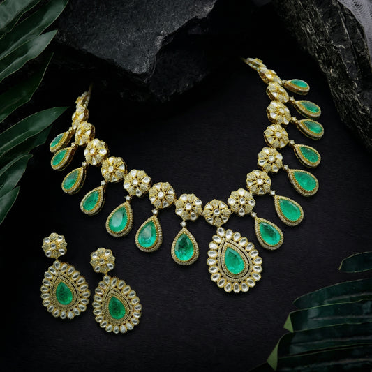 Emerald Garden Polki Fringe Necklace & Earrings Set